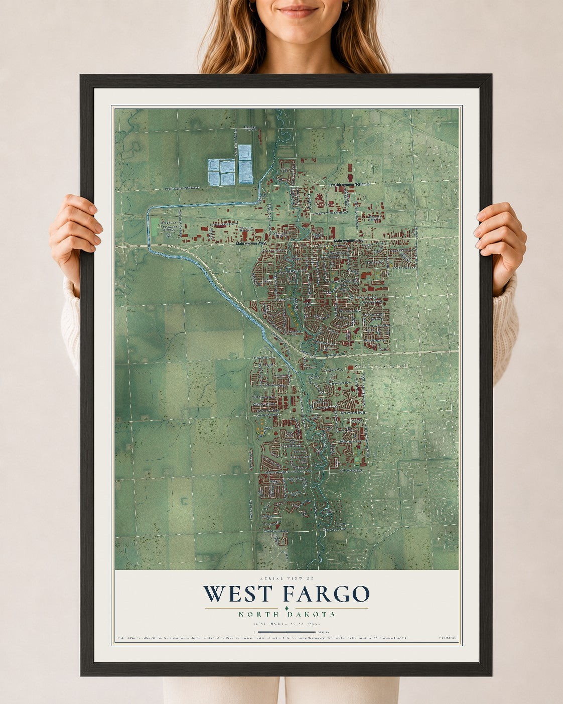 Map of West Fargo, North Dakota, 24 x 36 inch print in a black wood frame