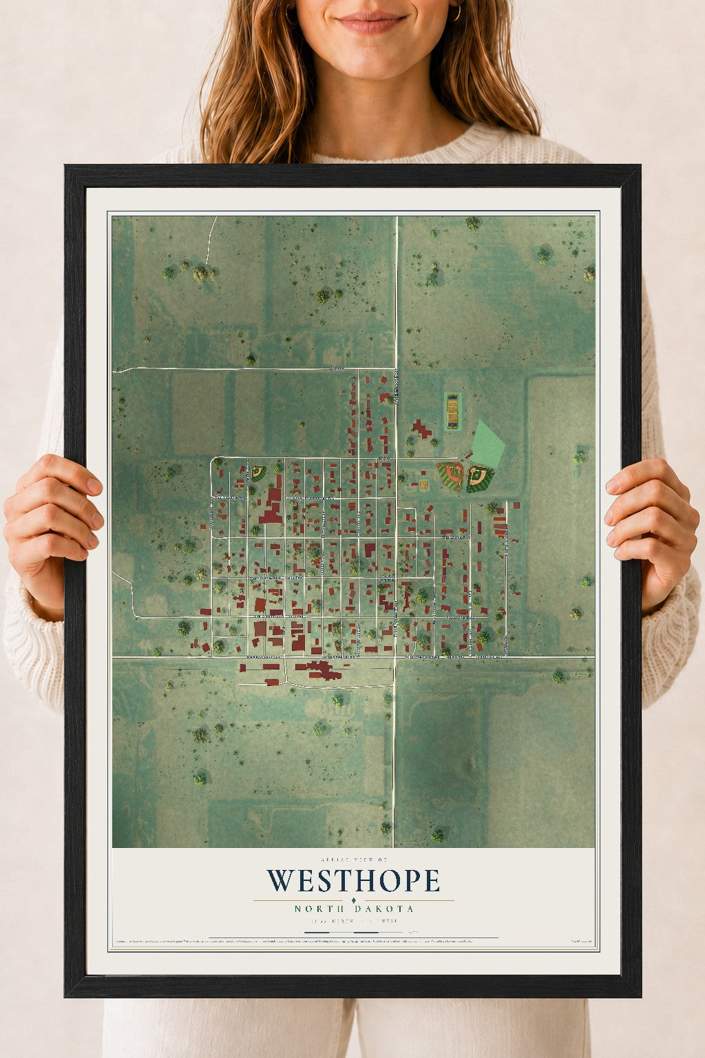 Map of Westhope, North Dakota, 18 x 24 inch print in a black wood frame