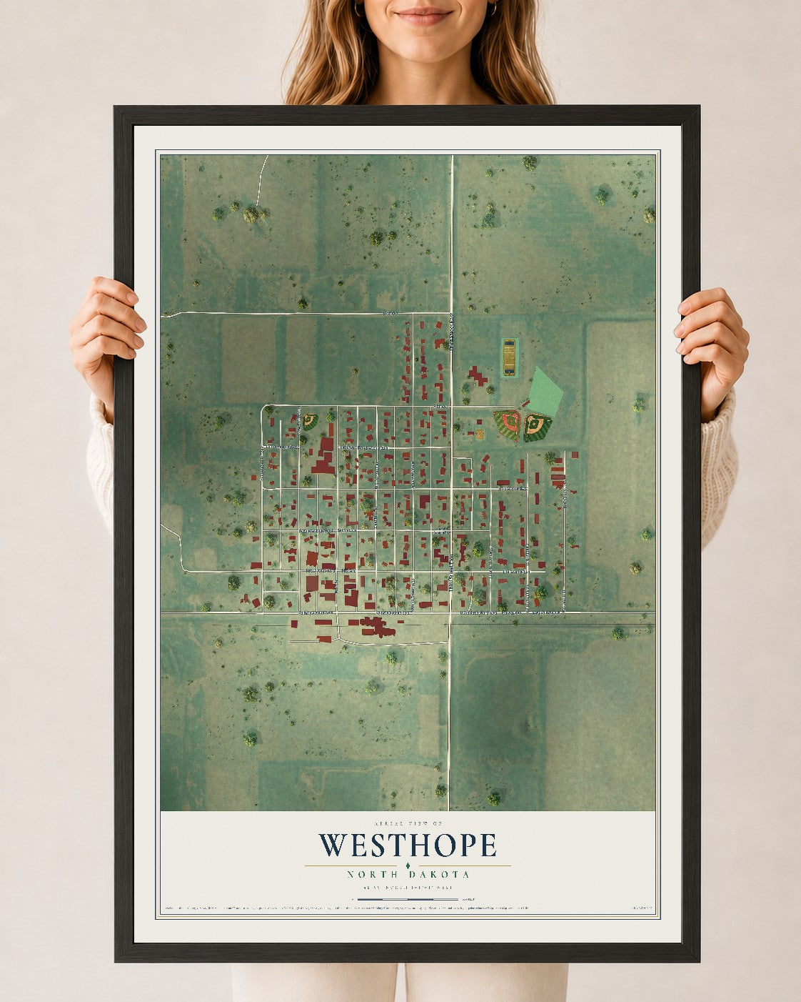 Map of Westhope, North Dakota, 24 x 36 inch print in a black wood frame