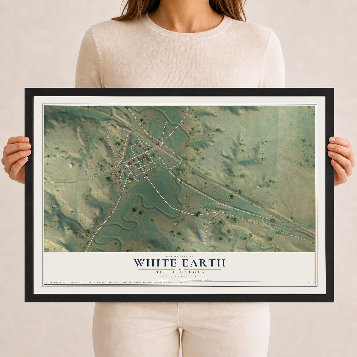 Map of White Earth, North Dakota, 12 x 18 inch print in a black wood frame