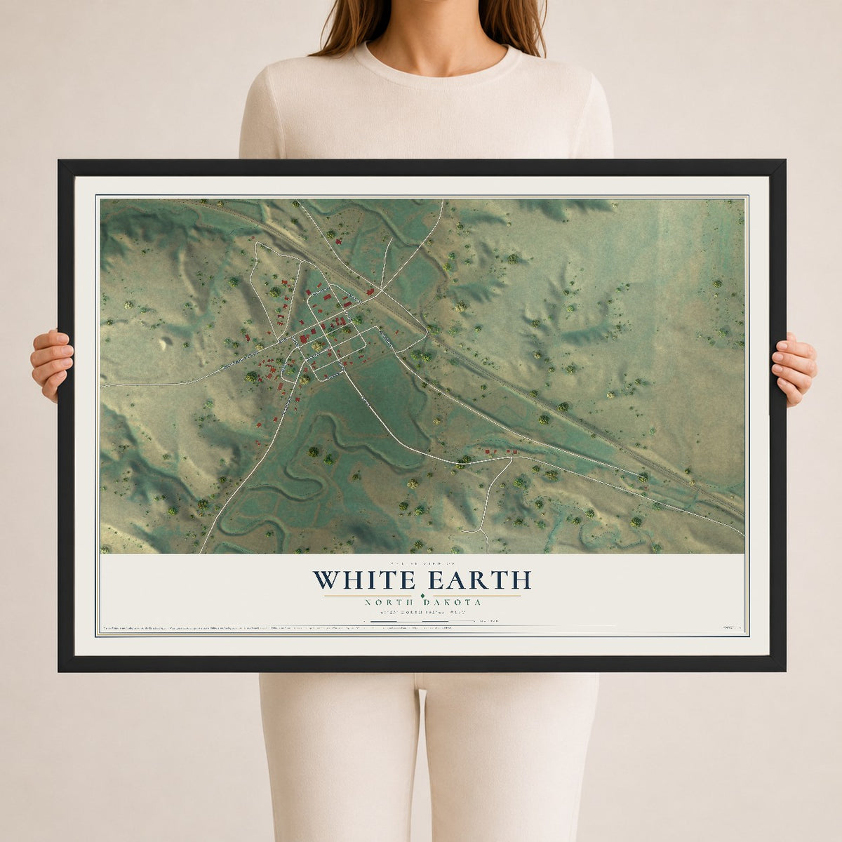 Map of White Earth, North Dakota, 24 x 36 inch print in a black wood frame