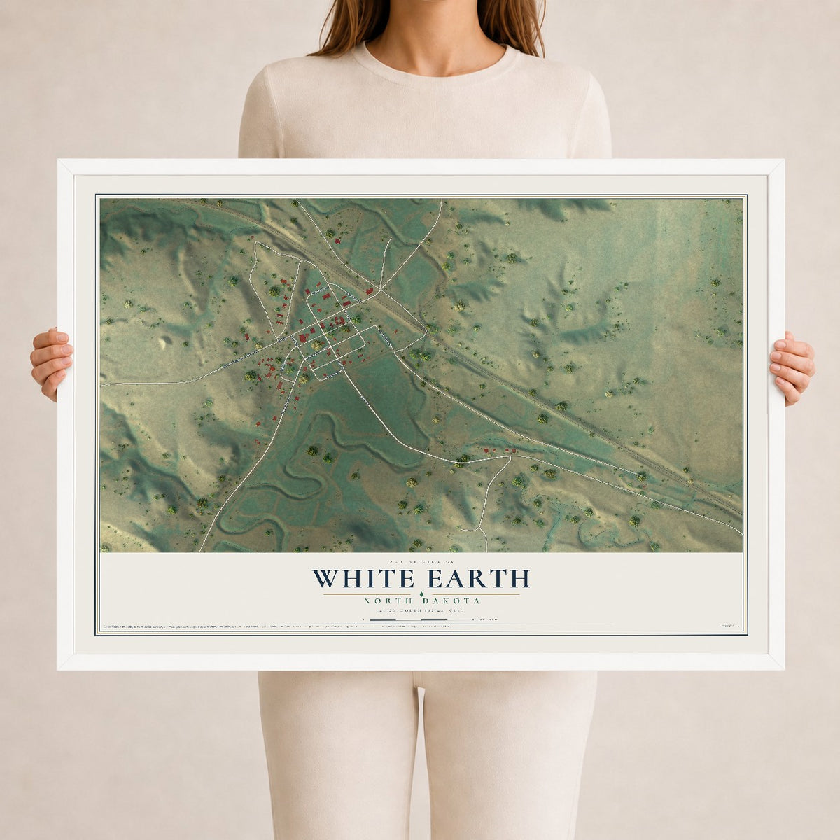 Map of White Earth, North Dakota, 24 x 36 inch print in a white wood frame
