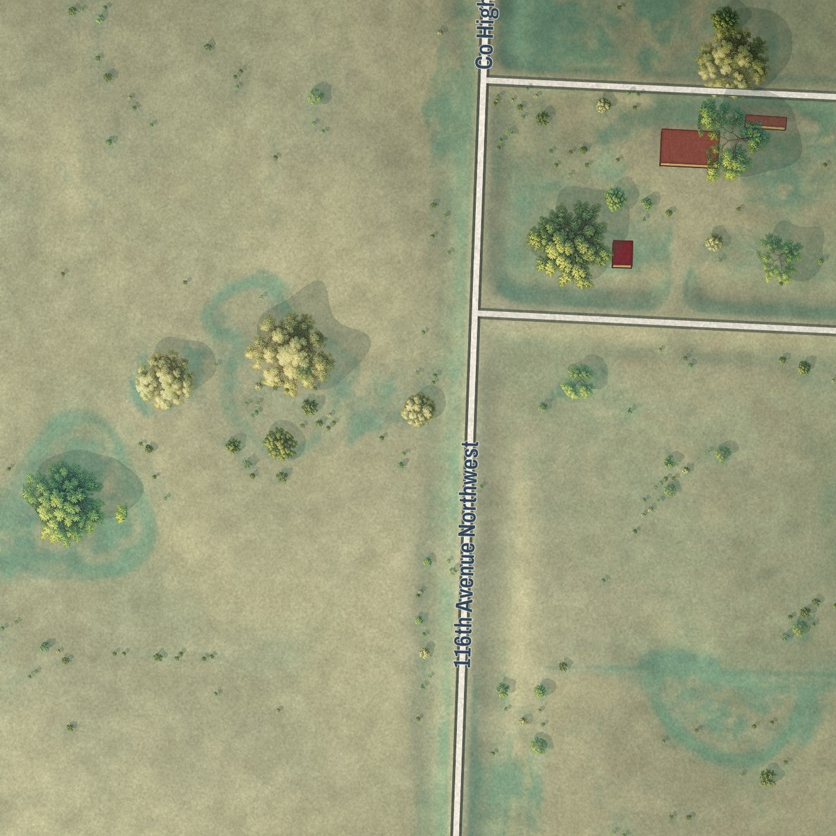 Second close-up of the map of Wildrose, North Dakota print showing more streets and buildings