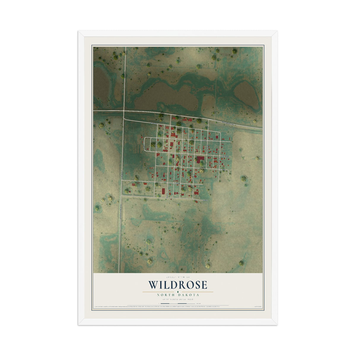 Map of Wildrose, North Dakota, 12 x 18 inch print in a white wood frame