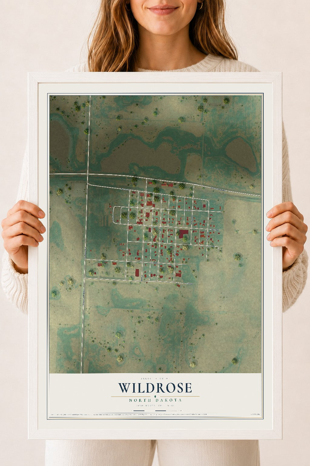 Map of Wildrose, North Dakota, 18 x 24 inch print in a white wood frame