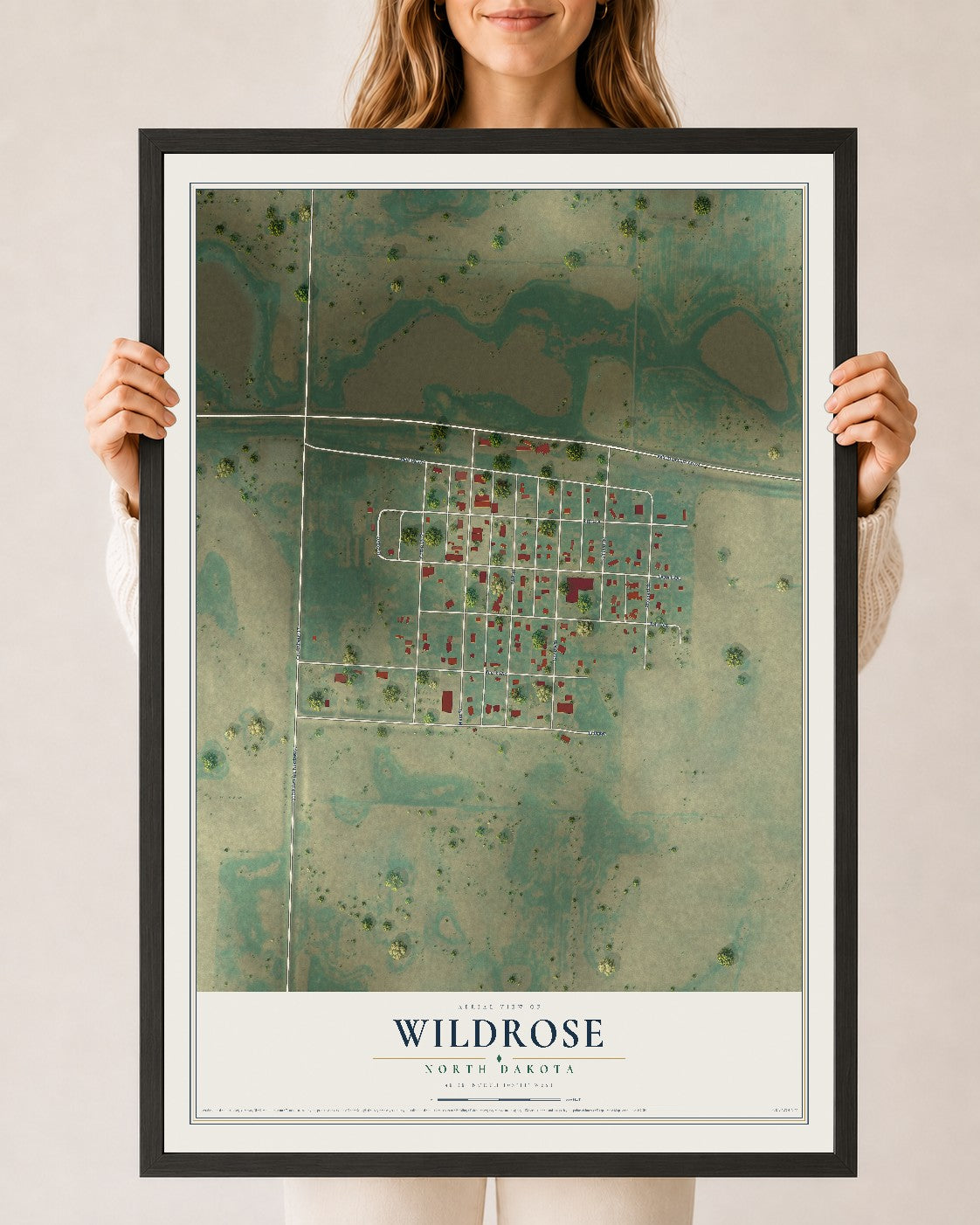 Map of Wildrose, North Dakota, 24 x 36 inch print in a black wood frame