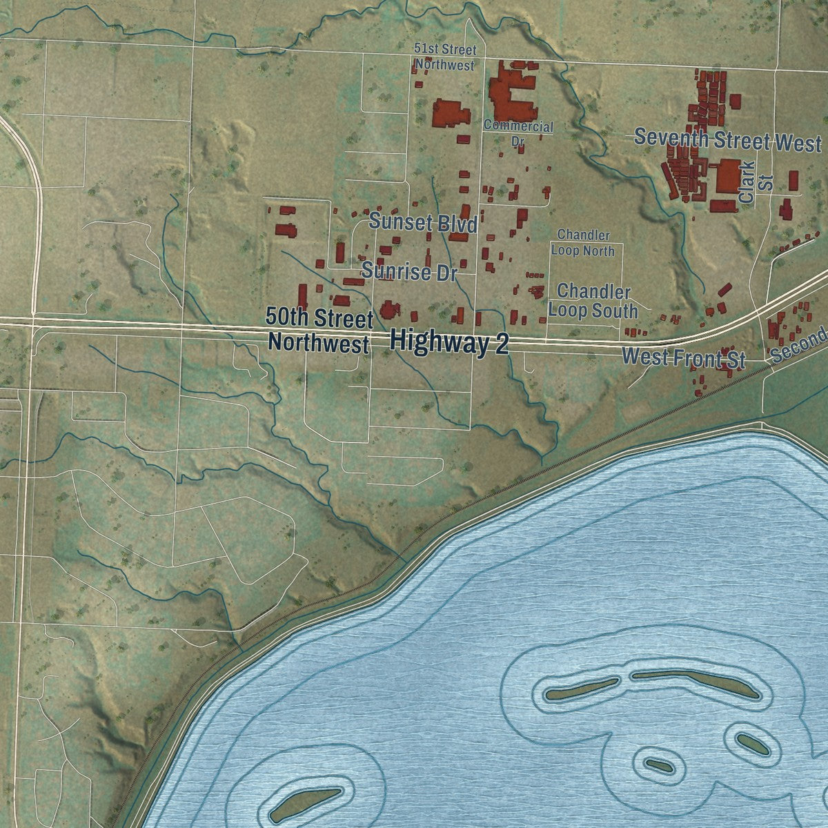 Second close-up of the map of Williston, North Dakota print showing more streets and buildings