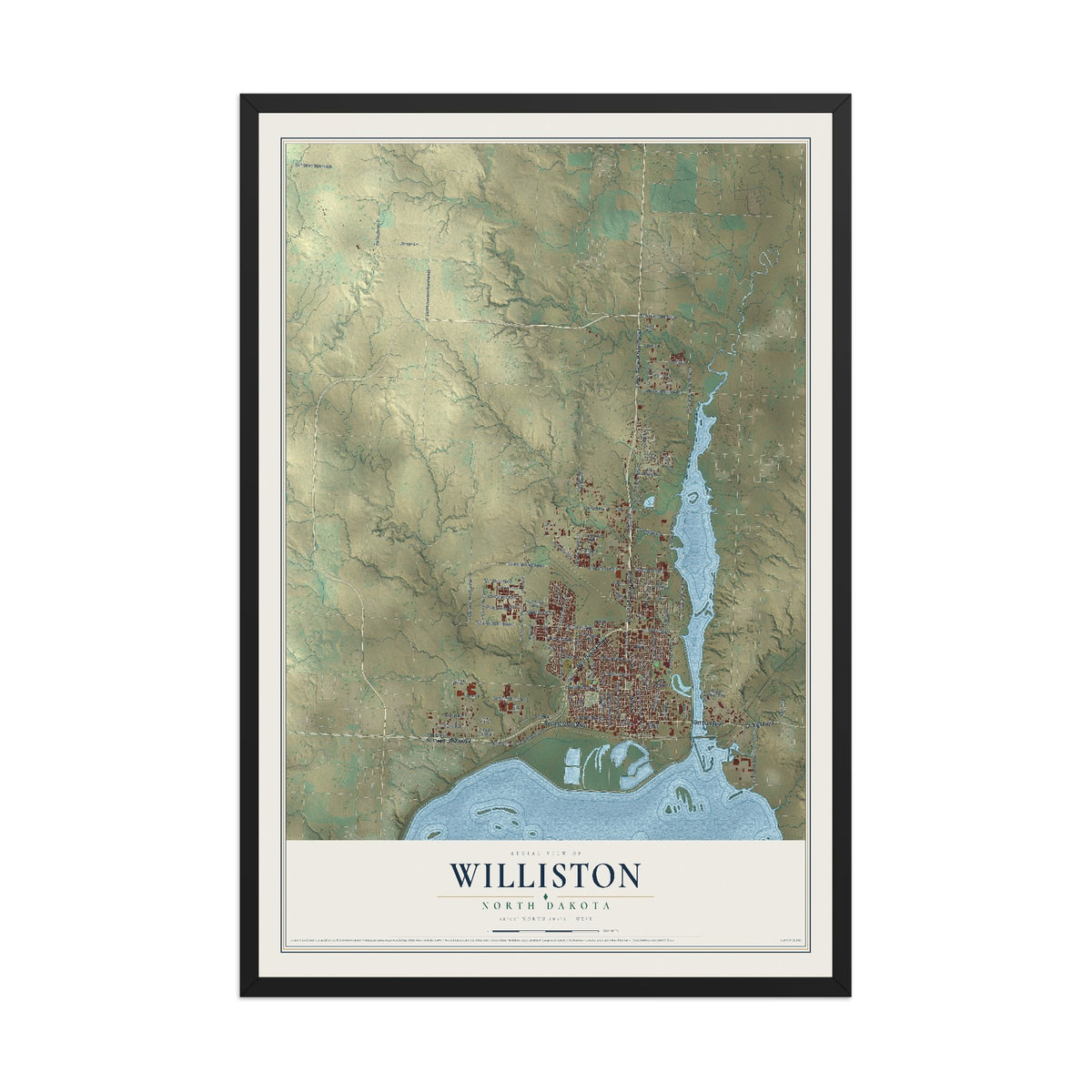Map of Williston, North Dakota, 12 x 18 inch print in a black wood frame