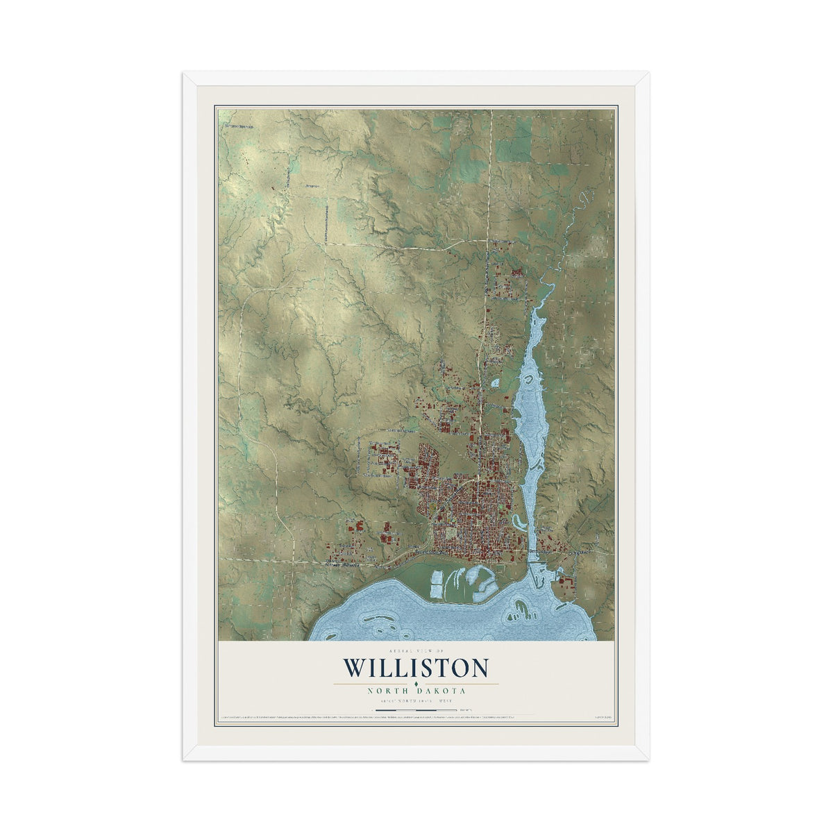 Map of Williston, North Dakota, 12 x 18 inch print in a white wood frame
