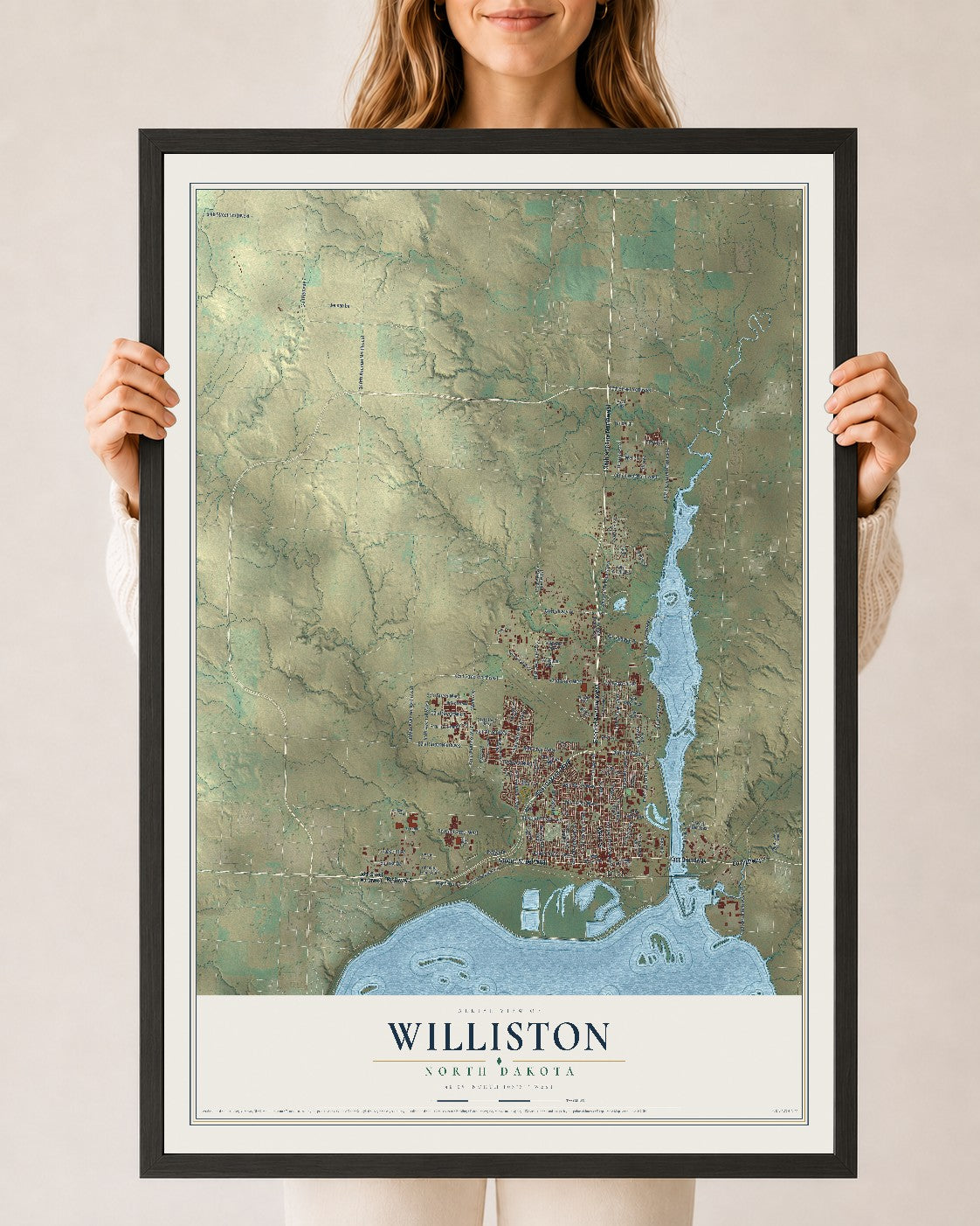 Map of Williston, North Dakota, 24 x 36 inch print in a black wood frame
