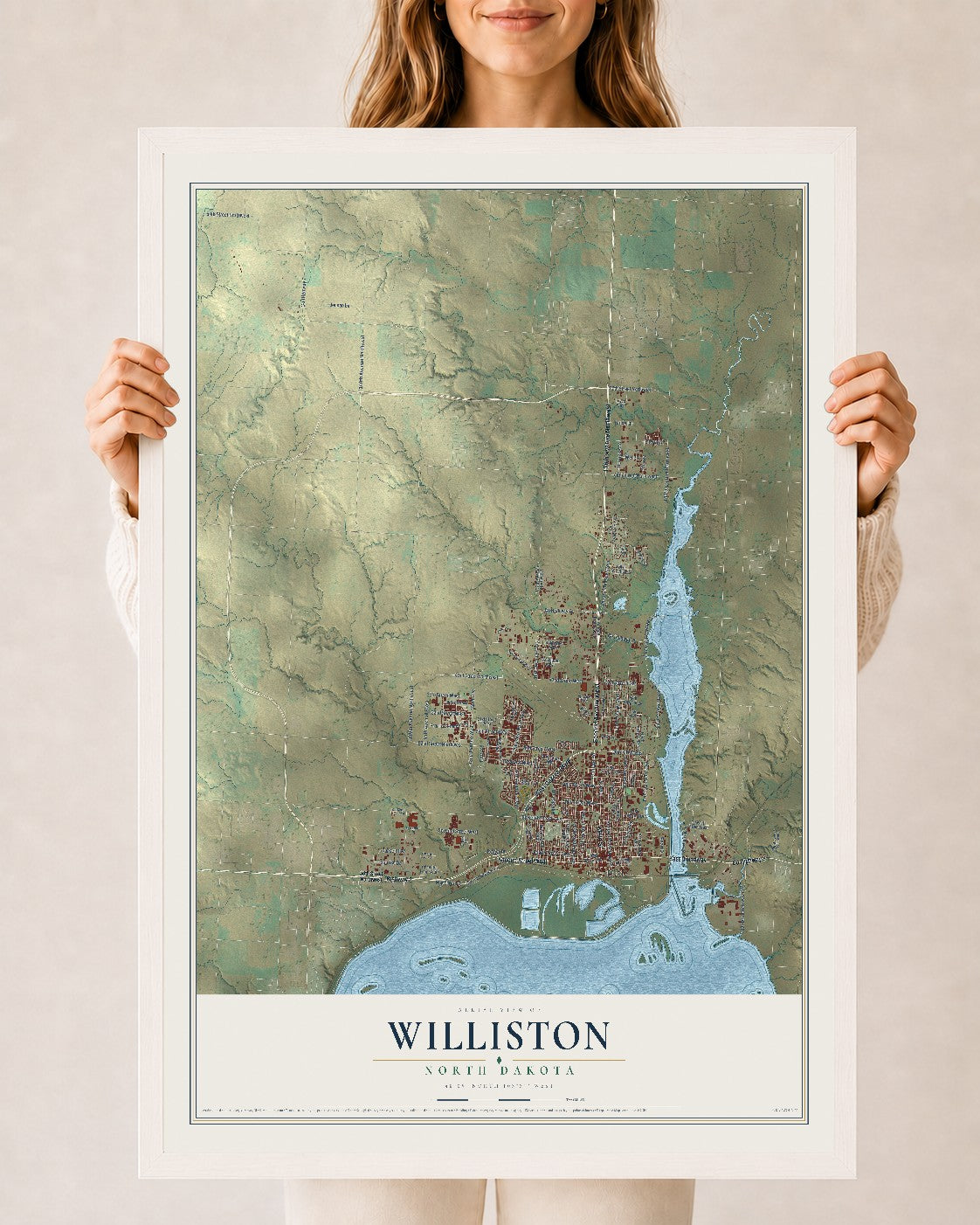 Map of Williston, North Dakota, 24 x 36 inch print in a white wood frame
