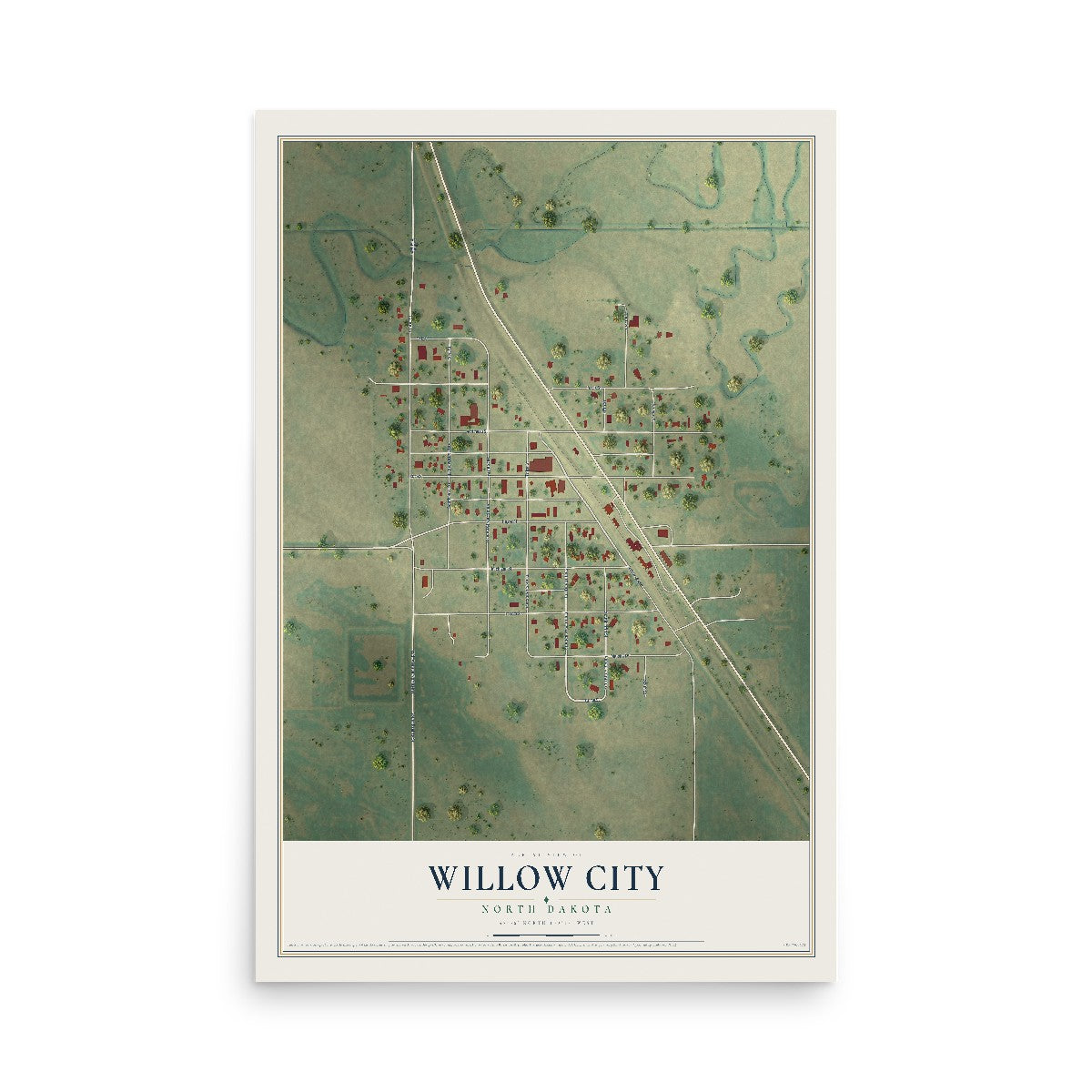Map of Willow City, North Dakota, 12 x 18 inch unframed archival matte print