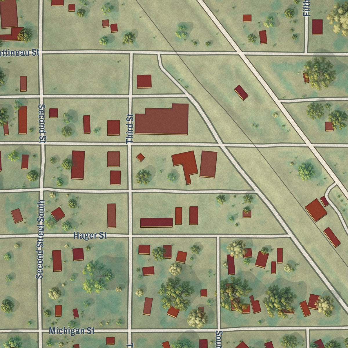 Close-up of the map of Willow City, North Dakota print showing street and building detail