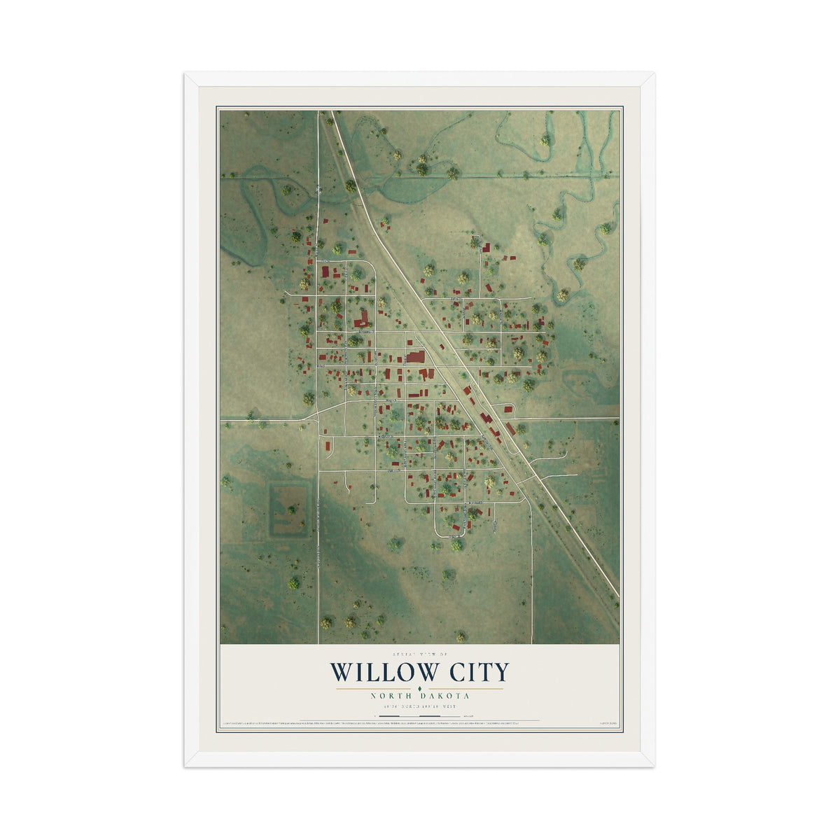 Map of Willow City, North Dakota, 12 x 18 inch print in a white wood frame