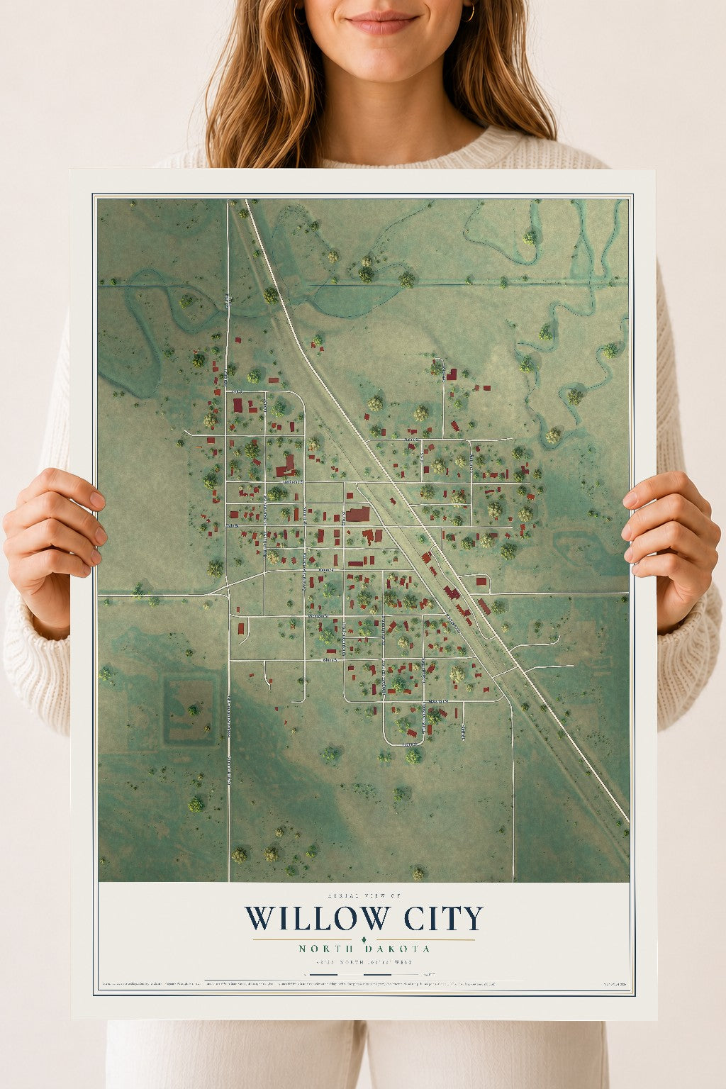 Map of Willow City, North Dakota, 18 x 24 inch unframed archival matte print