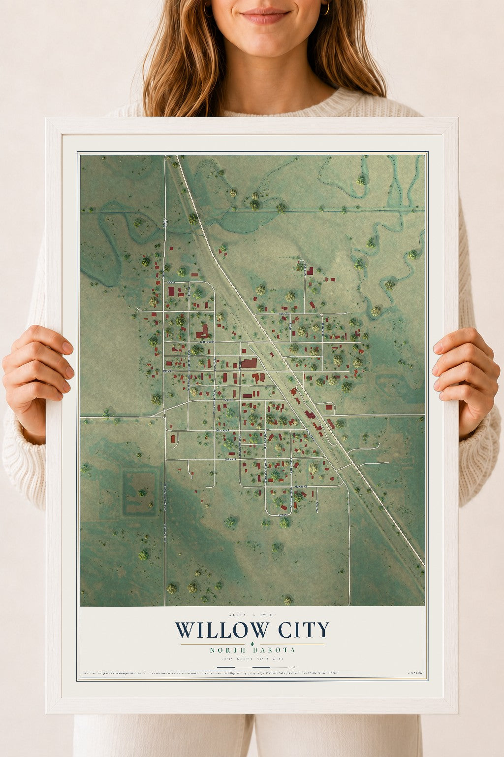Map of Willow City, North Dakota, 18 x 24 inch print in a white wood frame
