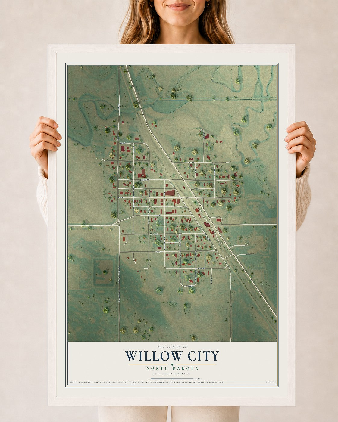 Map of Willow City, North Dakota, 24 x 36 inch print in a white wood frame