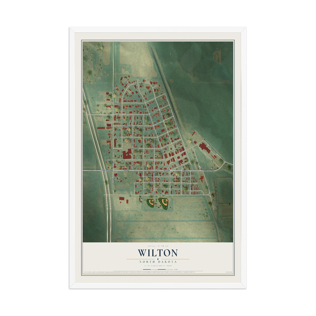 Map of Wilton, North Dakota, 12 x 18 inch print in a white wood frame