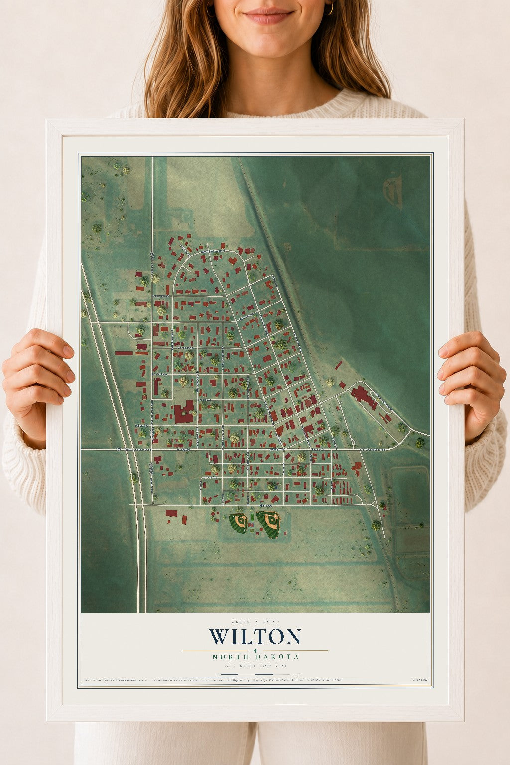 Map of Wilton, North Dakota, 18 x 24 inch print in a white wood frame