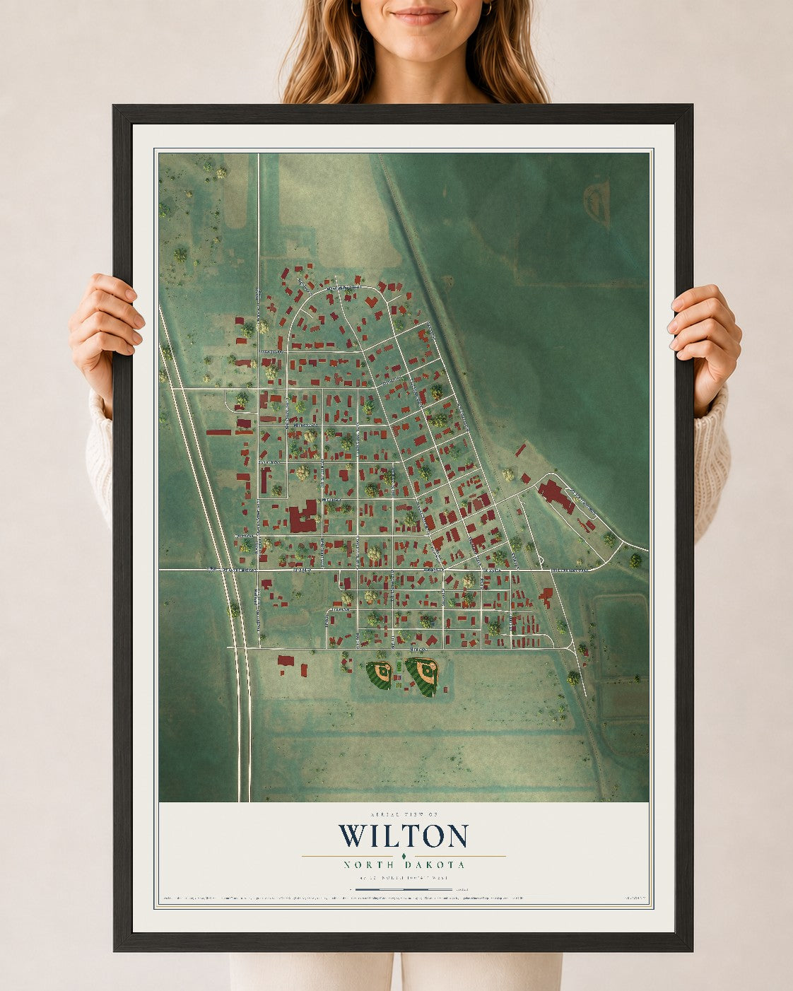 Map of Wilton, North Dakota, 24 x 36 inch print in a black wood frame