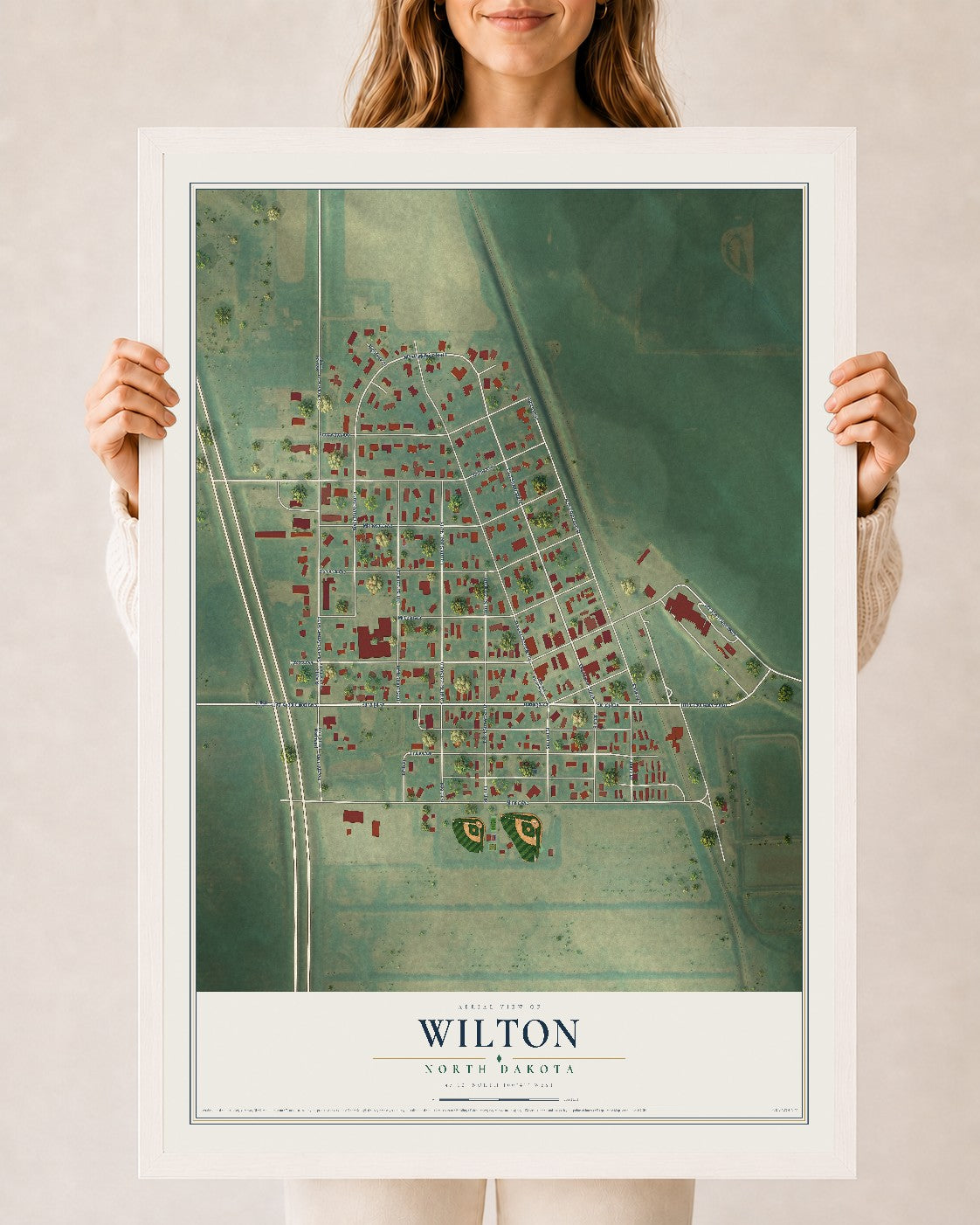 Map of Wilton, North Dakota, 24 x 36 inch print in a white wood frame