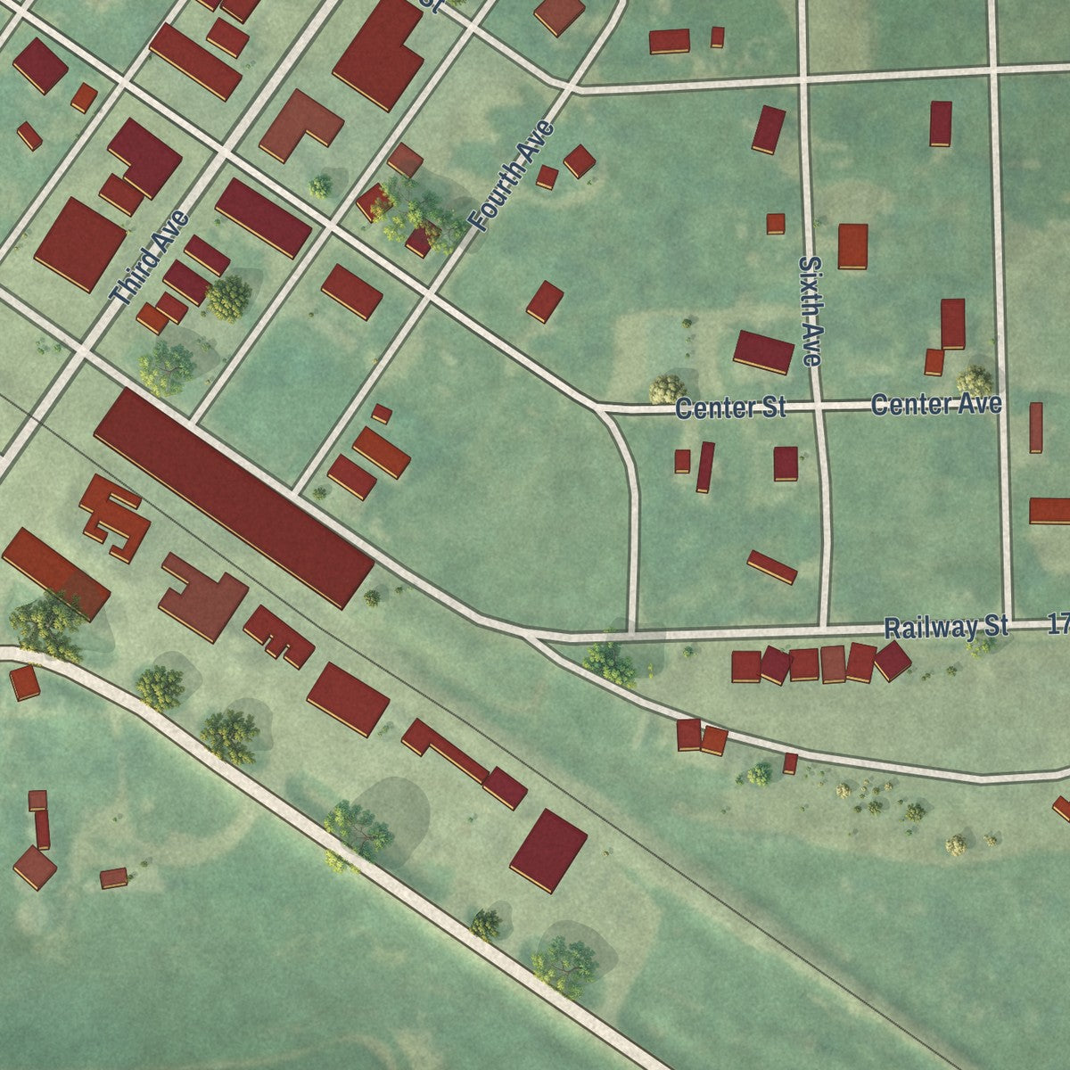 Close-up of the map of Wimbledon, North Dakota print showing street and building detail
