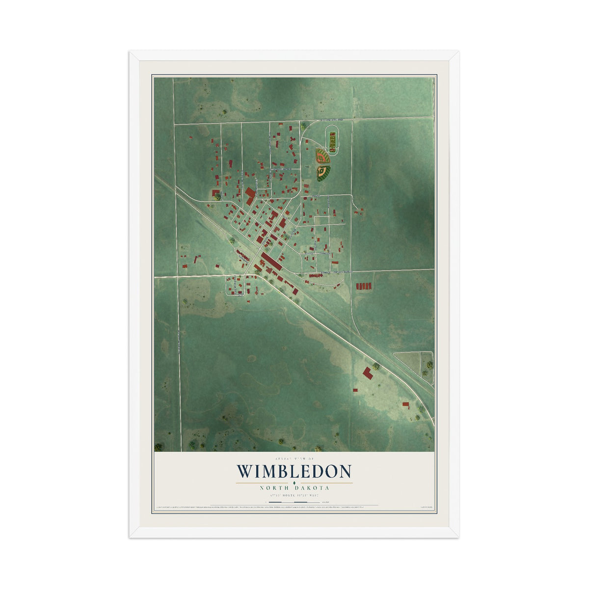 Map of Wimbledon, North Dakota, 12 x 18 inch print in a white wood frame