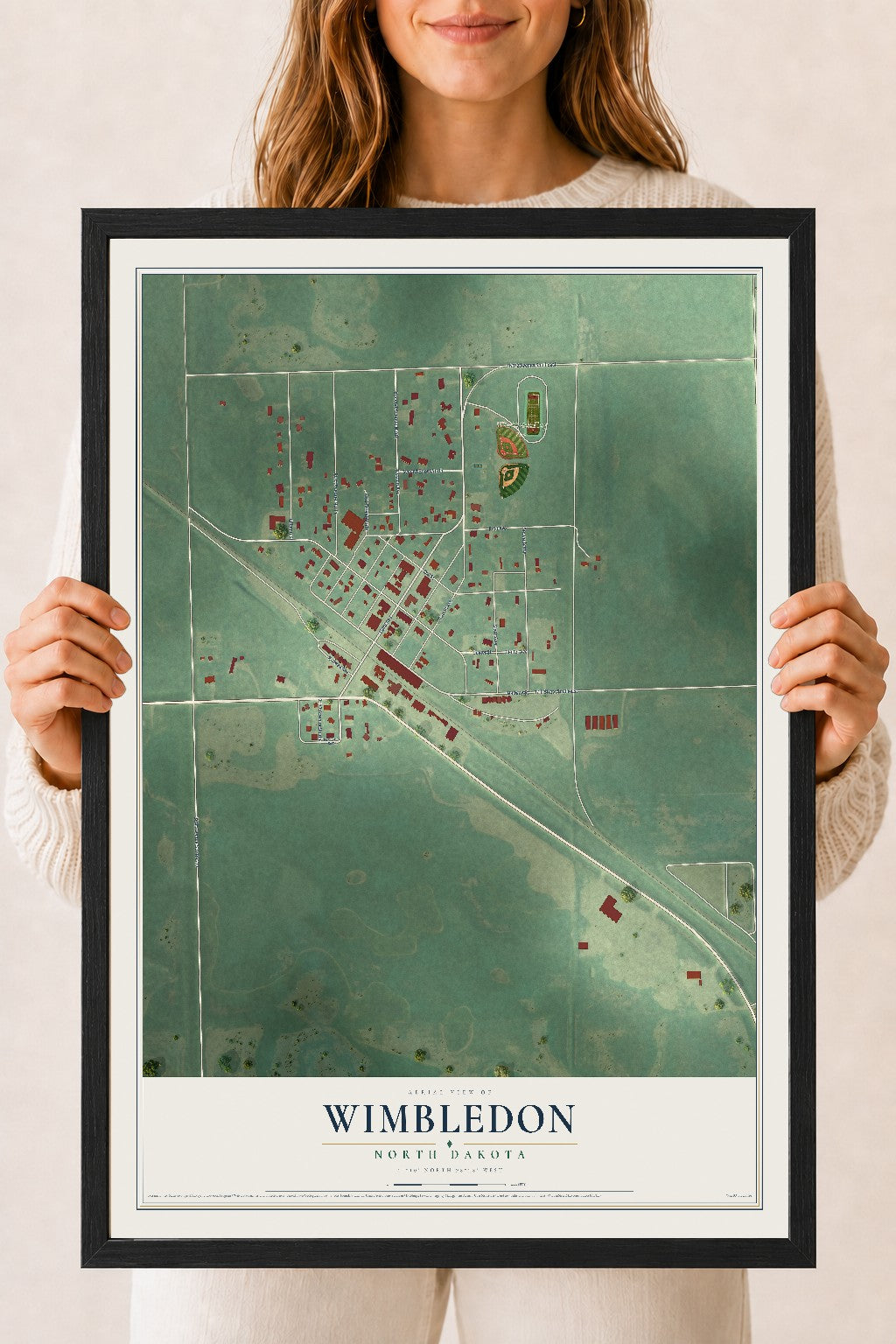Map of Wimbledon, North Dakota, 18 x 24 inch print in a black wood frame