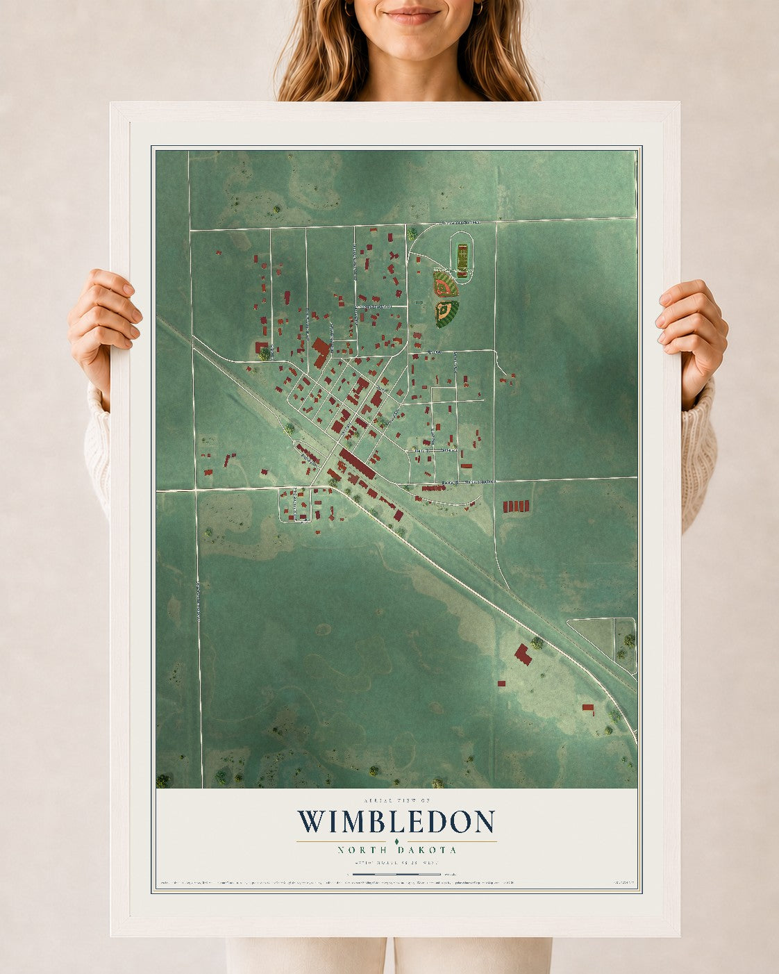 Map of Wimbledon, North Dakota, 24 x 36 inch print in a white wood frame