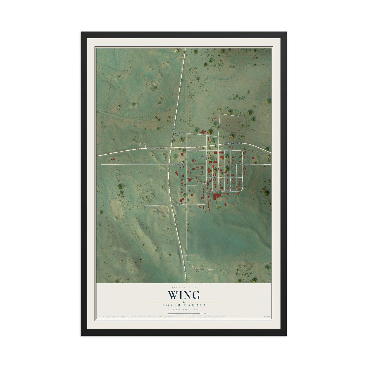 Map of Wing, North Dakota, 12 x 18 inch print in a black wood frame