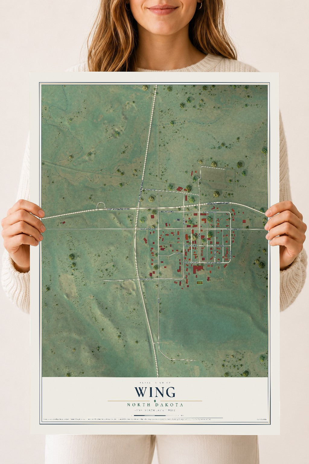 Map of Wing, North Dakota, 18 x 24 inch unframed archival matte print