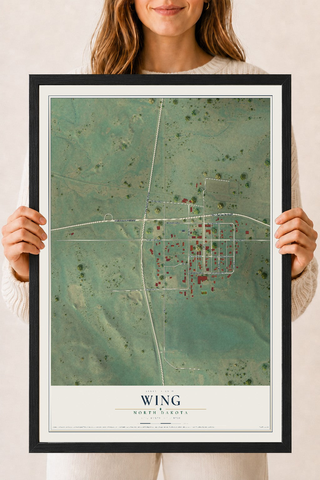 Map of Wing, North Dakota, 18 x 24 inch print in a black wood frame