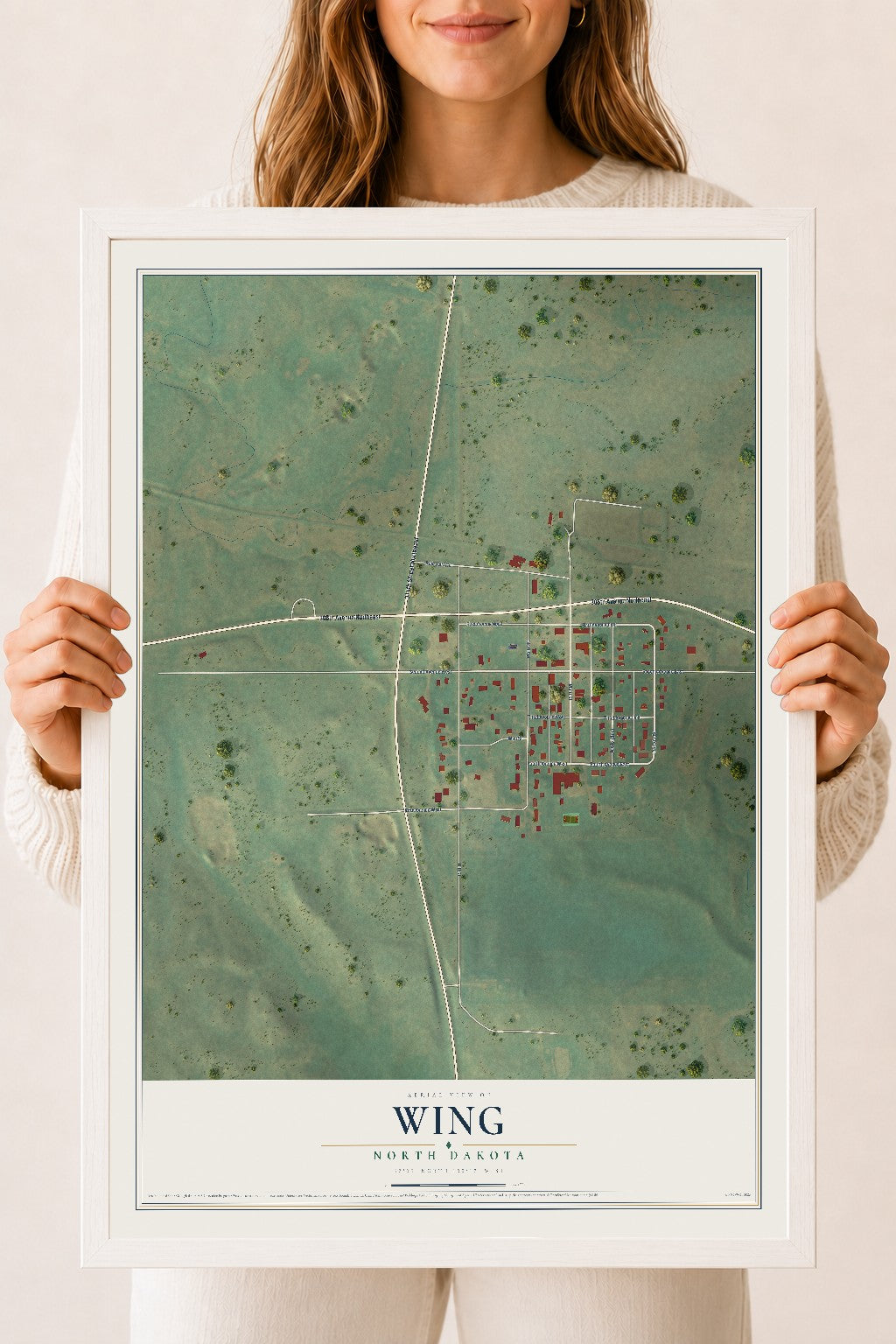 Map of Wing, North Dakota, 18 x 24 inch print in a white wood frame