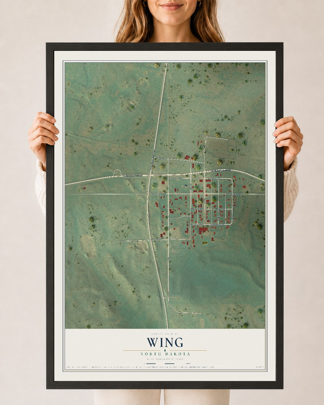 Map of Wing, North Dakota, 24 x 36 inch print in a black wood frame