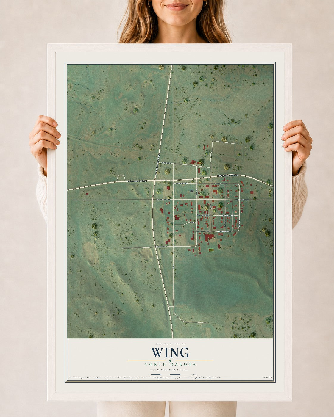 Map of Wing, North Dakota, 24 x 36 inch print in a white wood frame