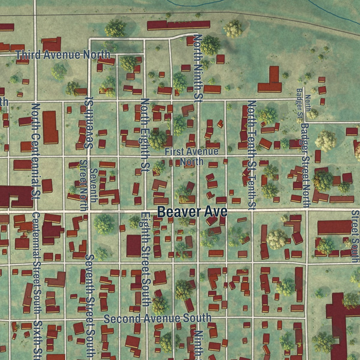 Close-up of the map of Wishek, North Dakota print showing street and building detail