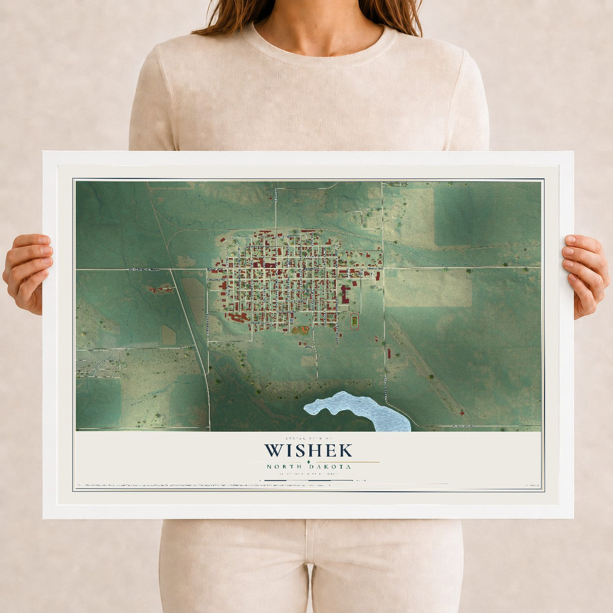 Map of Wishek, North Dakota, 12 x 18 inch print in a white wood frame