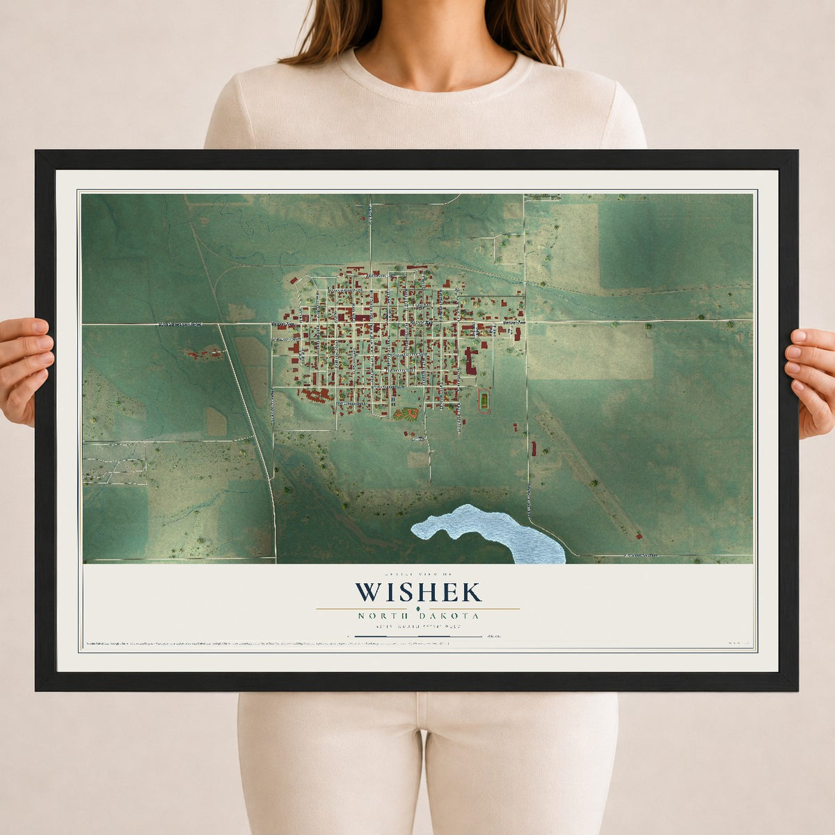 Map of Wishek, North Dakota, 18 x 24 inch print in a black wood frame