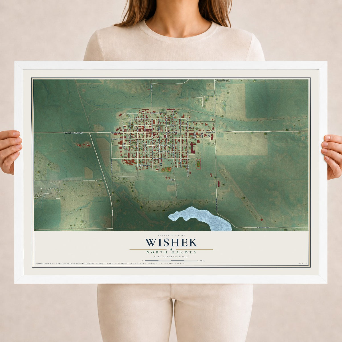 Map of Wishek, North Dakota, 18 x 24 inch print in a white wood frame