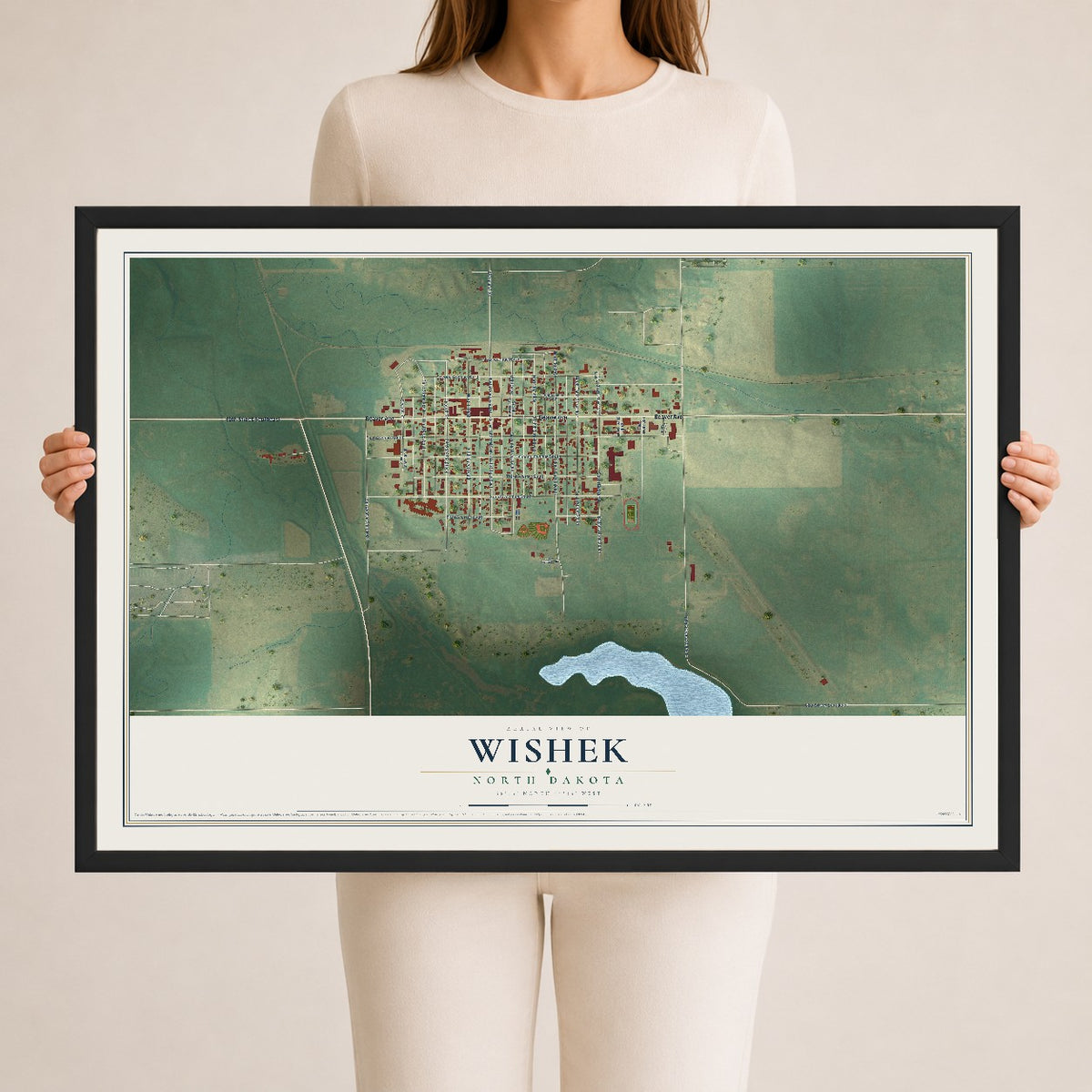 Map of Wishek, North Dakota, 24 x 36 inch print in a black wood frame