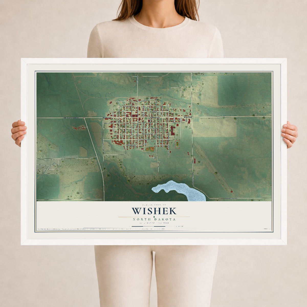 Map of Wishek, North Dakota, 24 x 36 inch print in a white wood frame