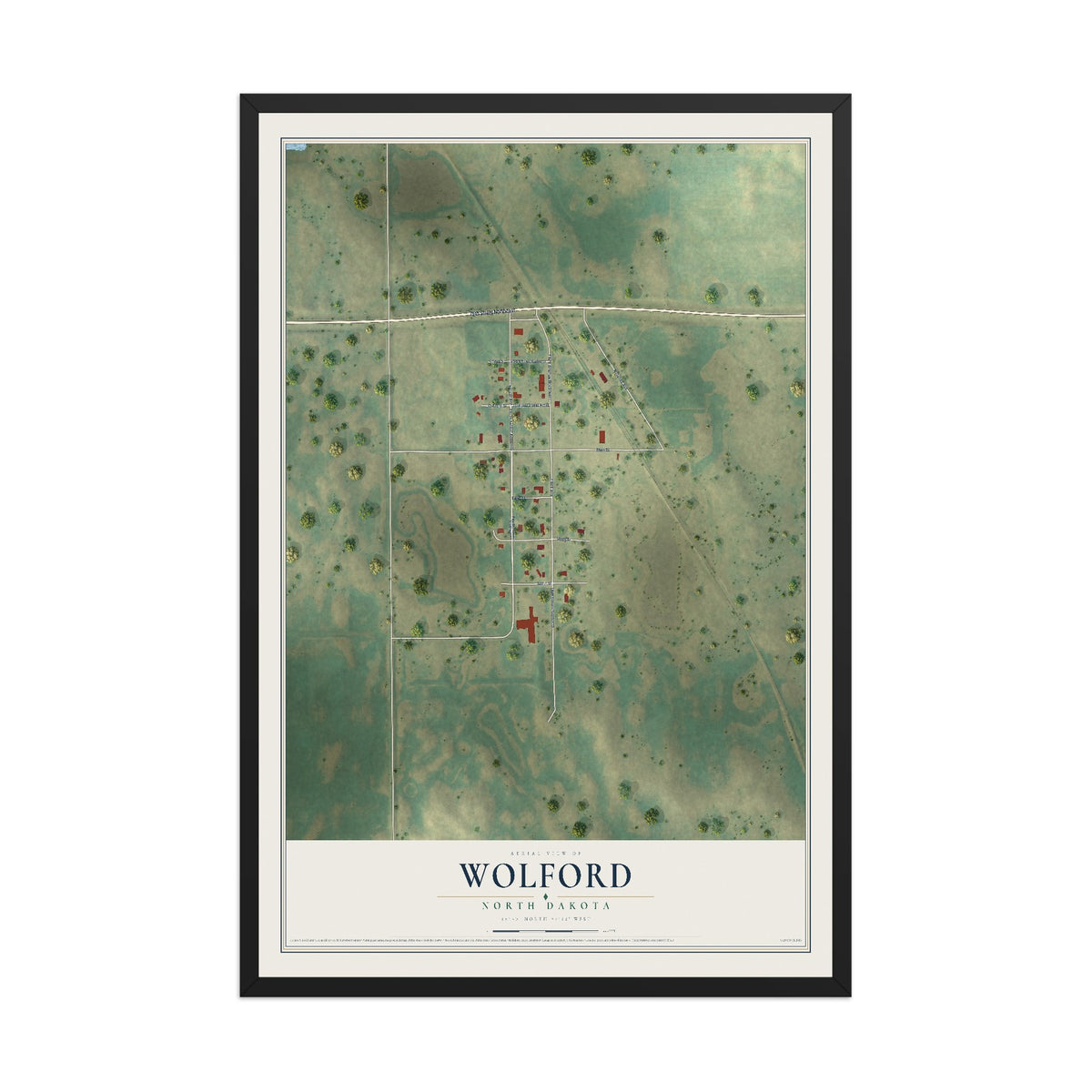 Map of Wolford, North Dakota, 12 x 18 inch print in a black wood frame