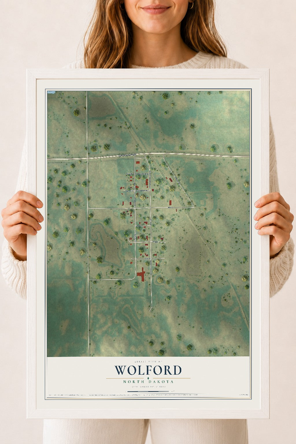 Map of Wolford, North Dakota, 18 x 24 inch print in a white wood frame