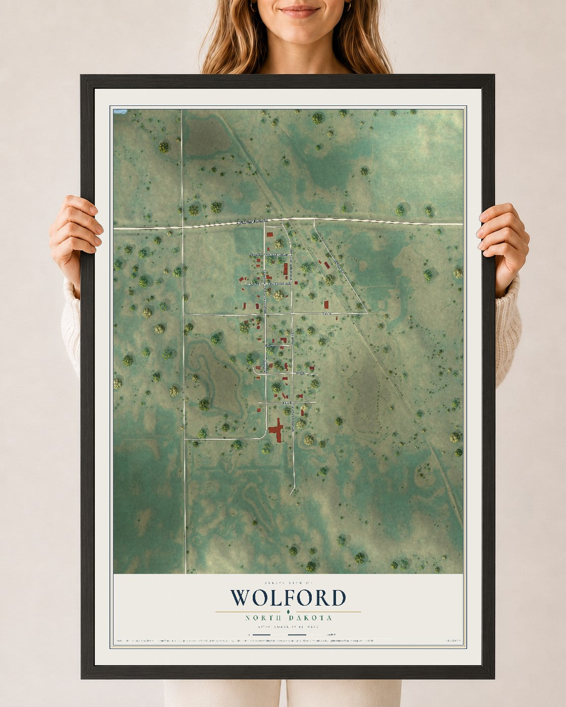 Map of Wolford, North Dakota, 24 x 36 inch print in a black wood frame