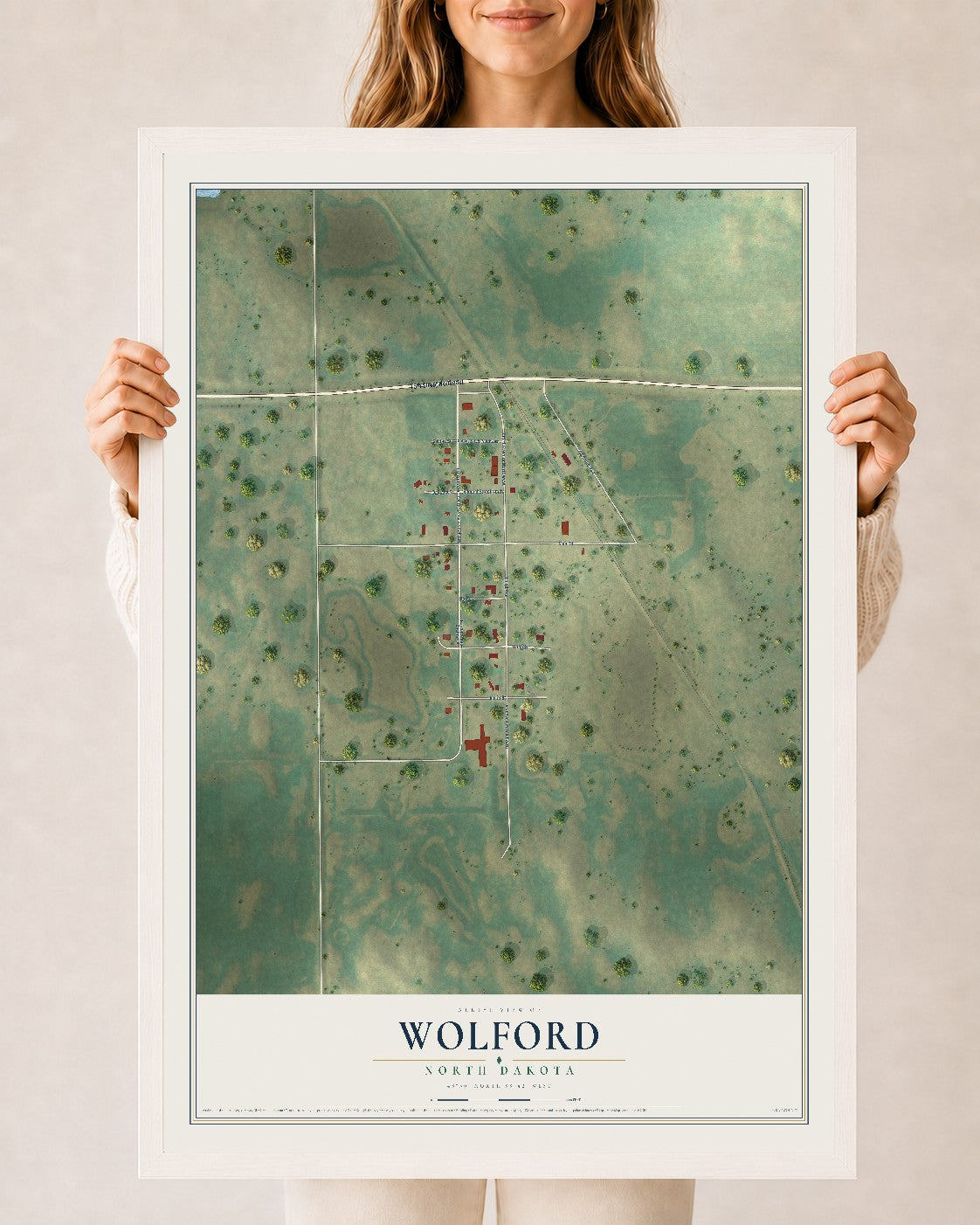 Map of Wolford, North Dakota, 24 x 36 inch print in a white wood frame