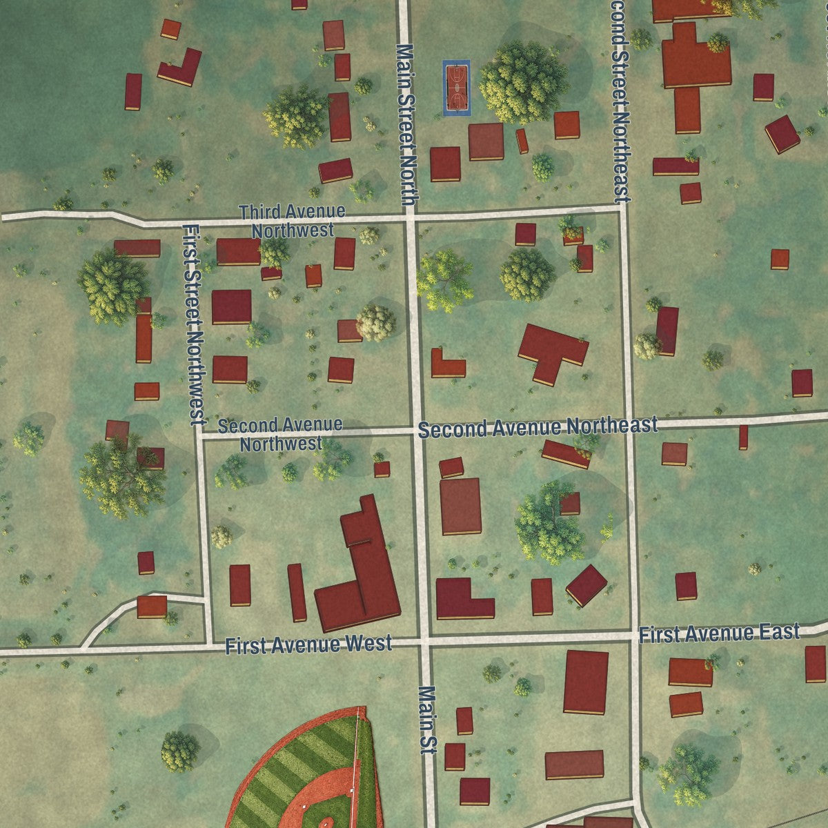 Close-up of the map of Woodworth, North Dakota print showing street and building detail