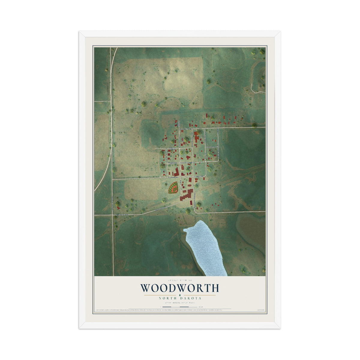 Map of Woodworth, North Dakota, 12 x 18 inch print in a white wood frame