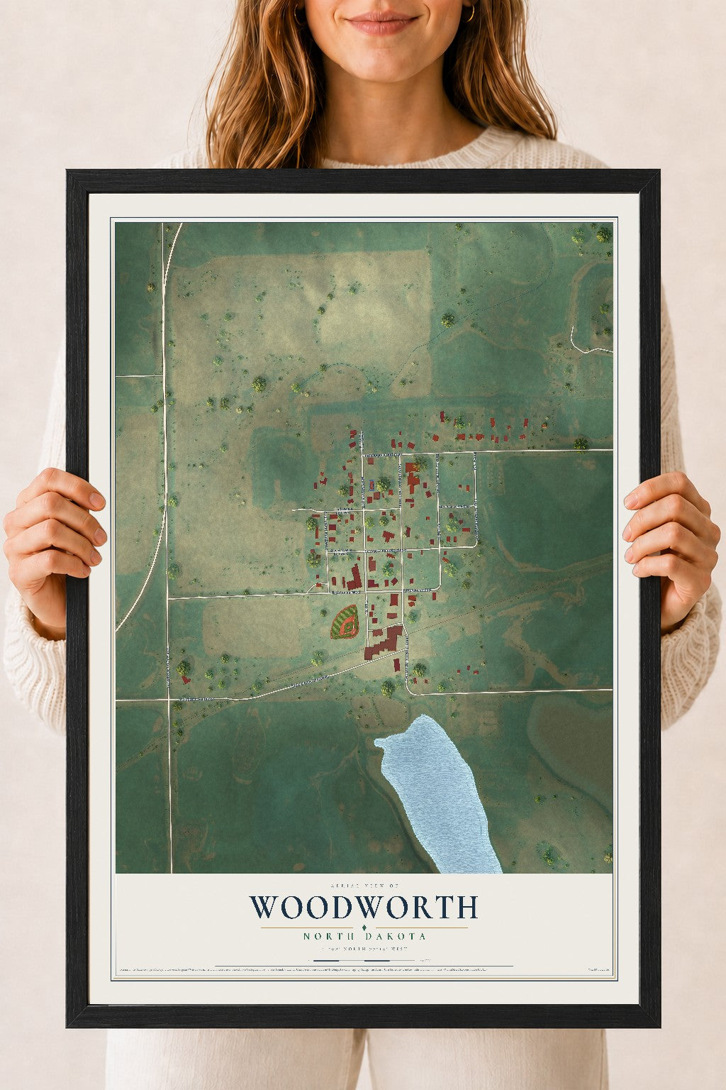 Map of Woodworth, North Dakota, 18 x 24 inch print in a black wood frame