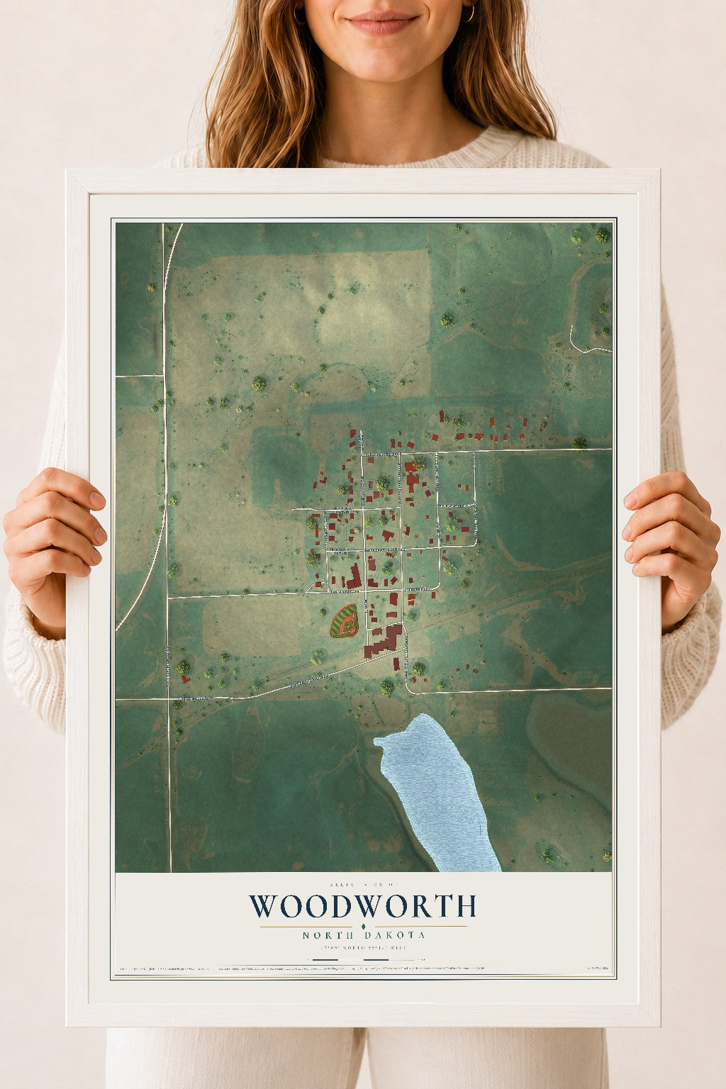 Map of Woodworth, North Dakota, 18 x 24 inch print in a white wood frame