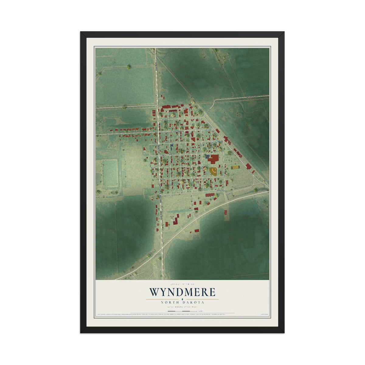 Map of Wyndmere, North Dakota, 12 x 18 inch print in a black wood frame